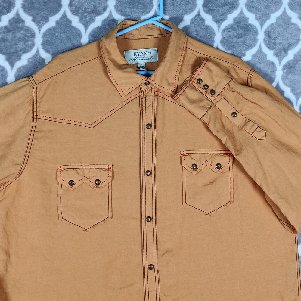 Ryan Michael Western Shirt Mens XL Orange‎ Tan Linen Tencel Sawtooth Snap Cowboy